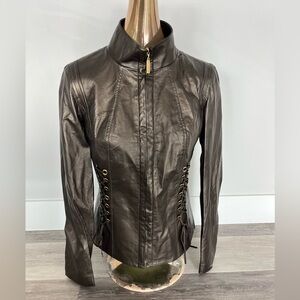 St. John Dark Bronze Lamb Leather Lace-up Jacket Size 2